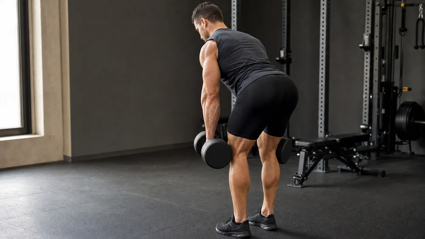 A muscular man viewed from behind performing a dumbbell Romanian deadlift mid-repetition