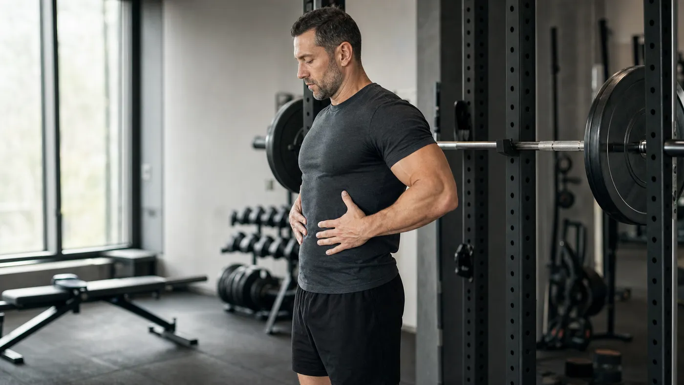 A muscular man practicing a core brace beside a squat rack before a loaded lift
