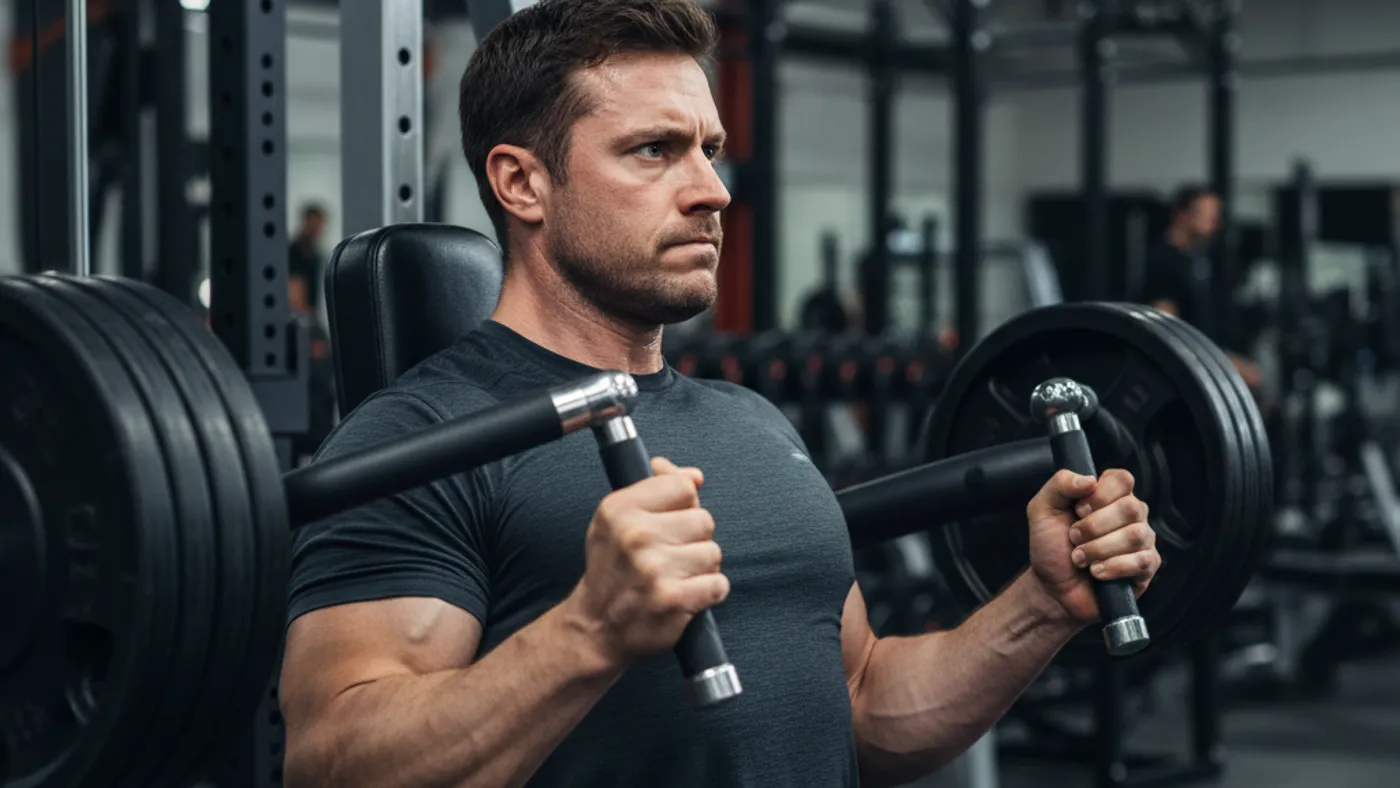 A lifter completing controlled repetitions on a machine press near the end of a hard set
