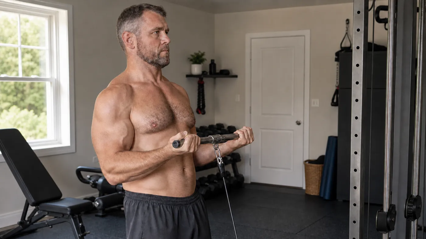A shirtless 40-year-old man with a lean muscular build performing a standing cable curl in a home gym