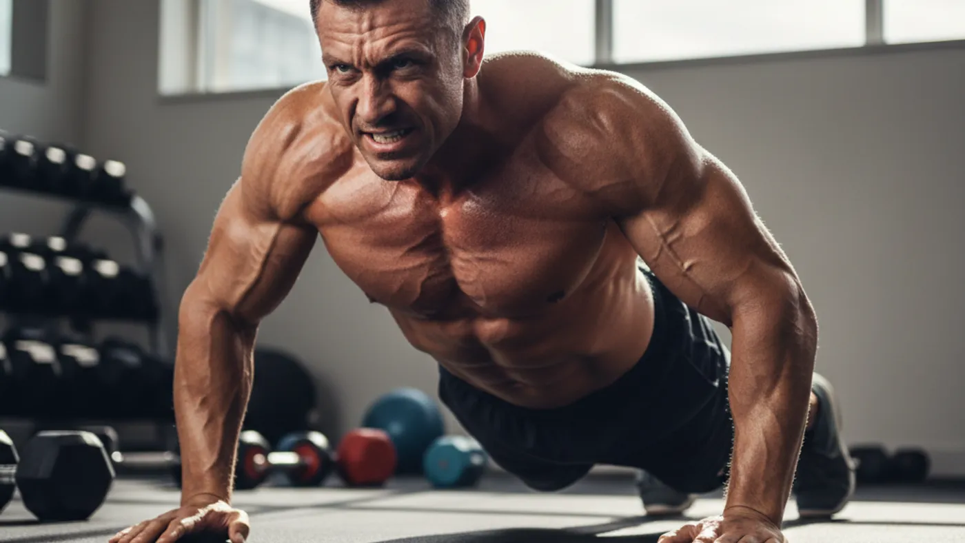 A shirtless muscular man in his early 40s doing pushups with visible sweat and muscle tension in a gym