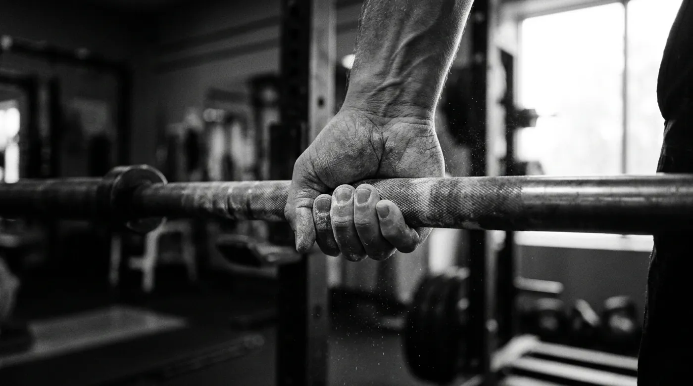 A close-up of a chalk-covered hand gripping a knurled barbell mid-set, knuckles tense and chalk dust catching the light
