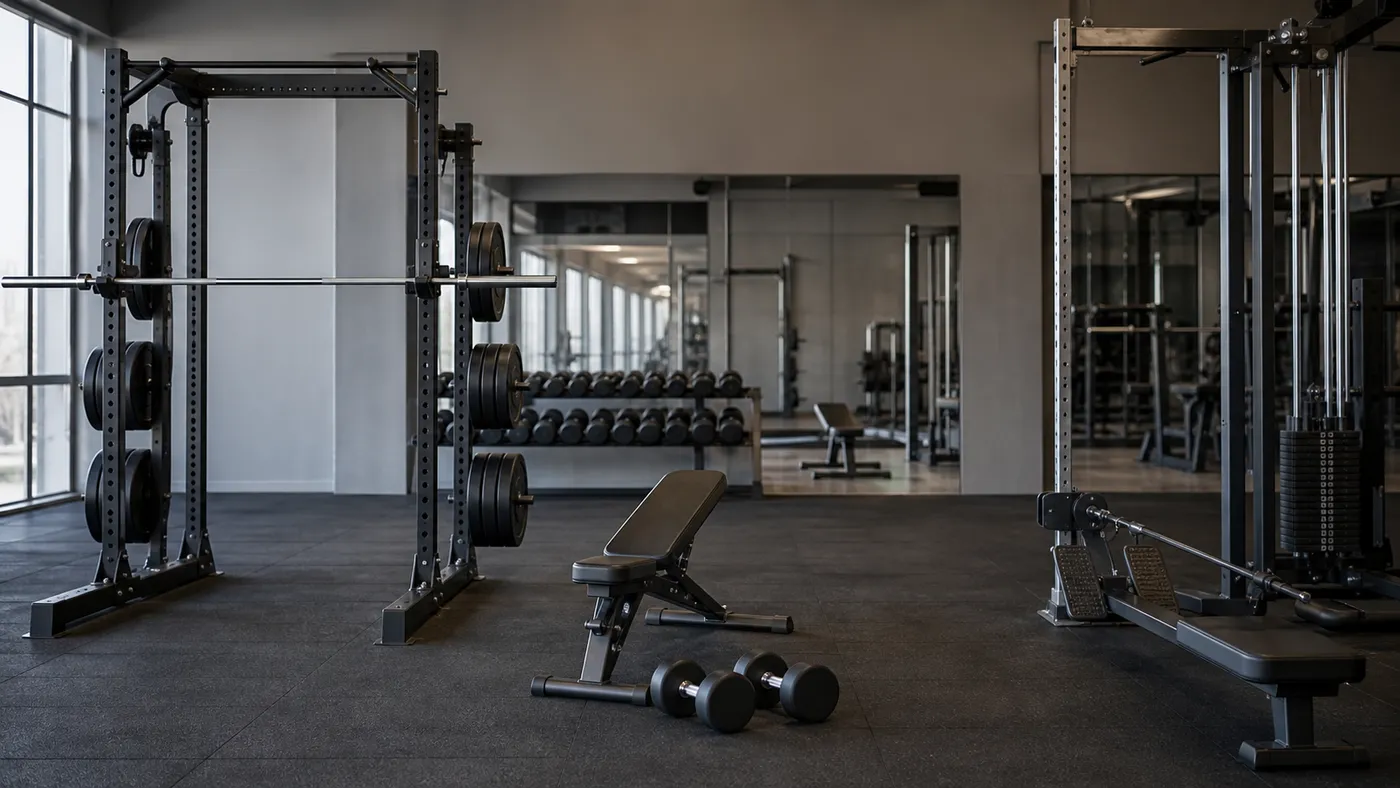 Squat rack, adjustable bench, dumbbells, and cable row station arranged across a quiet gym