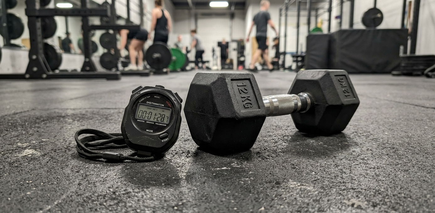 Stopwatch on a dumbbell on a gym floor