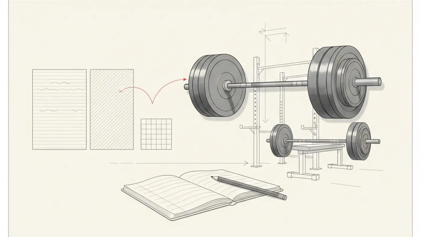 A blueprint-style drawing of a loaded barbell, training log, calendar blocks, and pencil arranged for strength planning