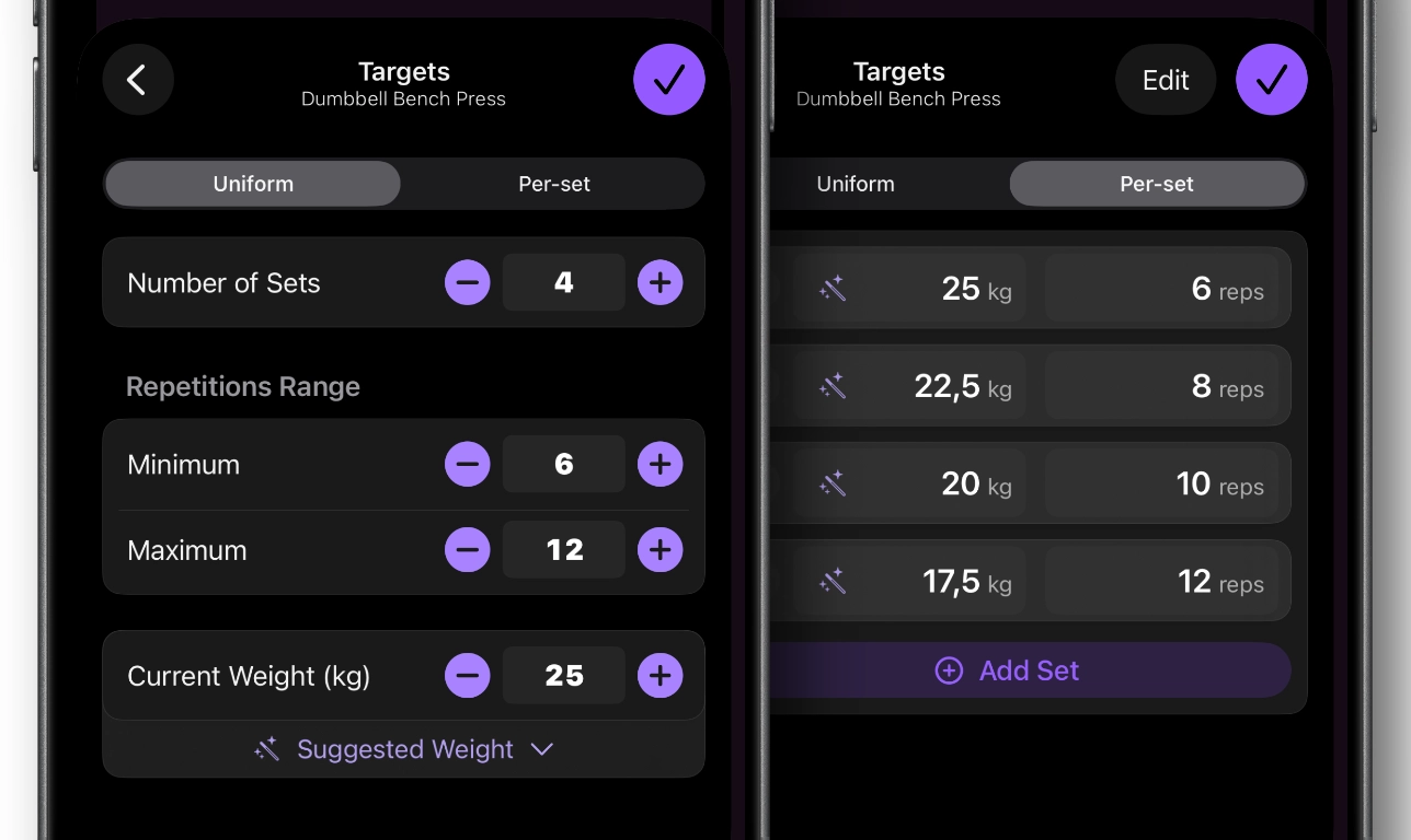 Workout target ranges shown on a phone screen