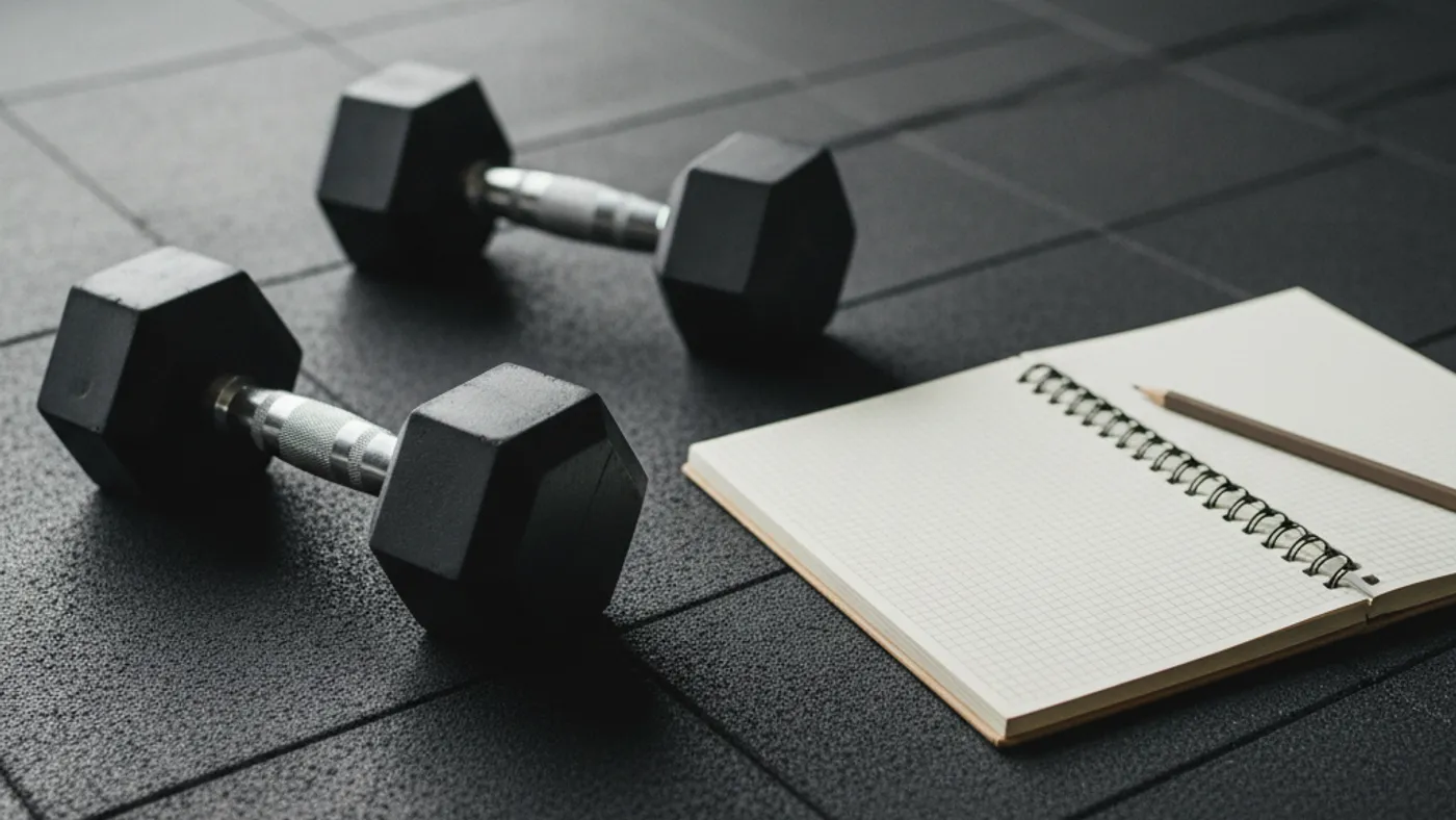 Two unmarked dumbbells beside a blank training log and pencil on a rubber gym floor