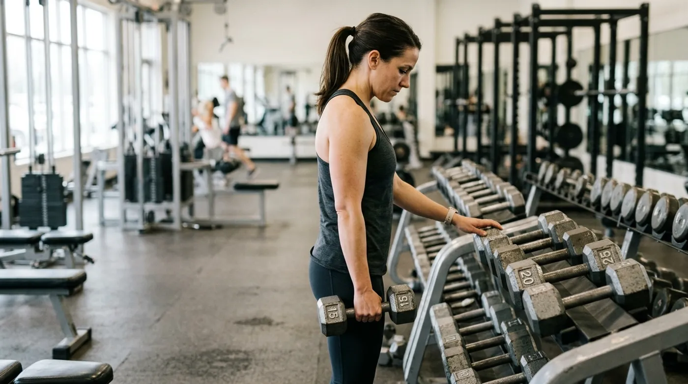 A woman standing in front of a dumbbell rack choosing a starting weight