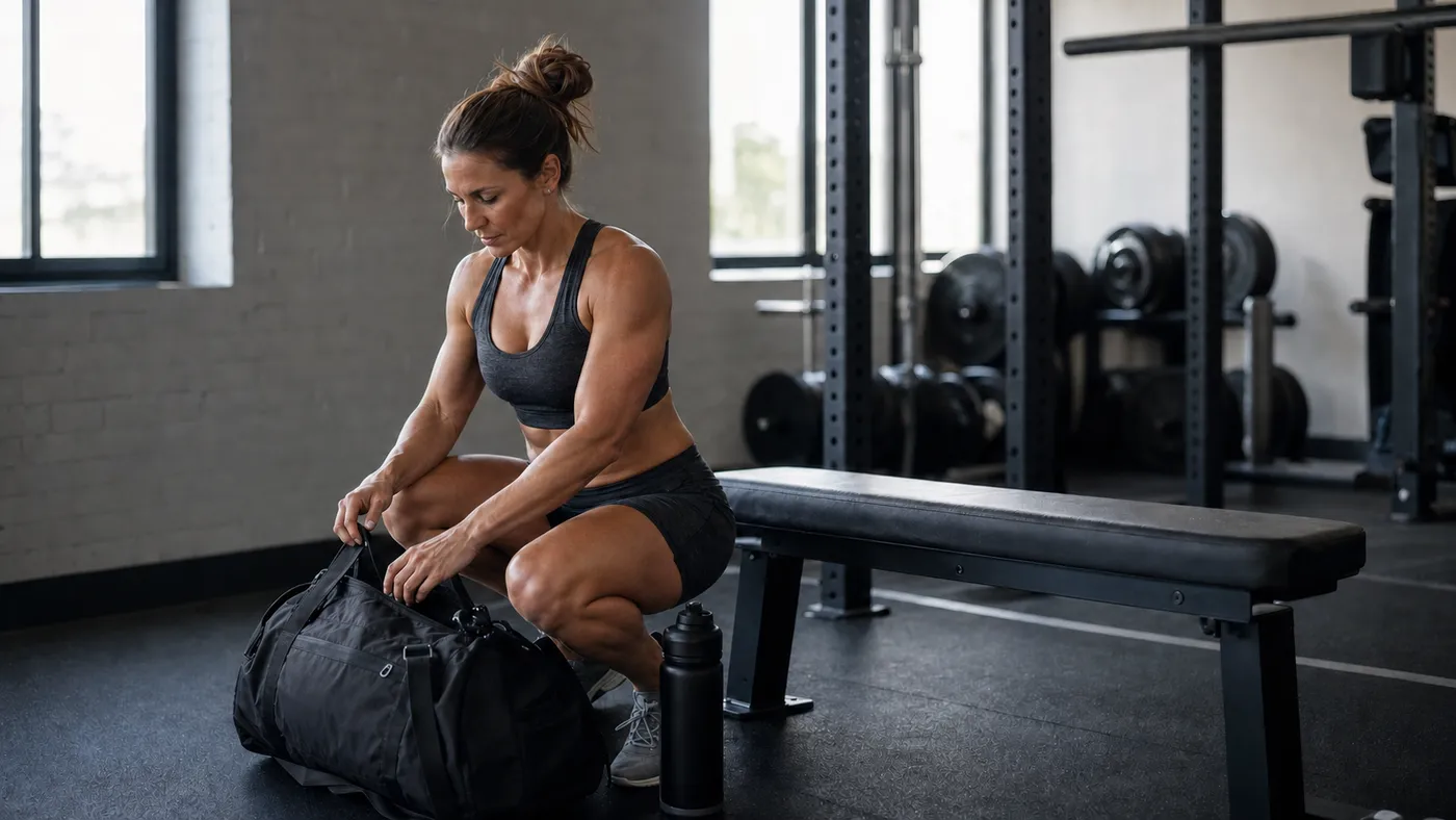 A muscular woman setting her gym bag beside a bench before a quiet morning strength workout.