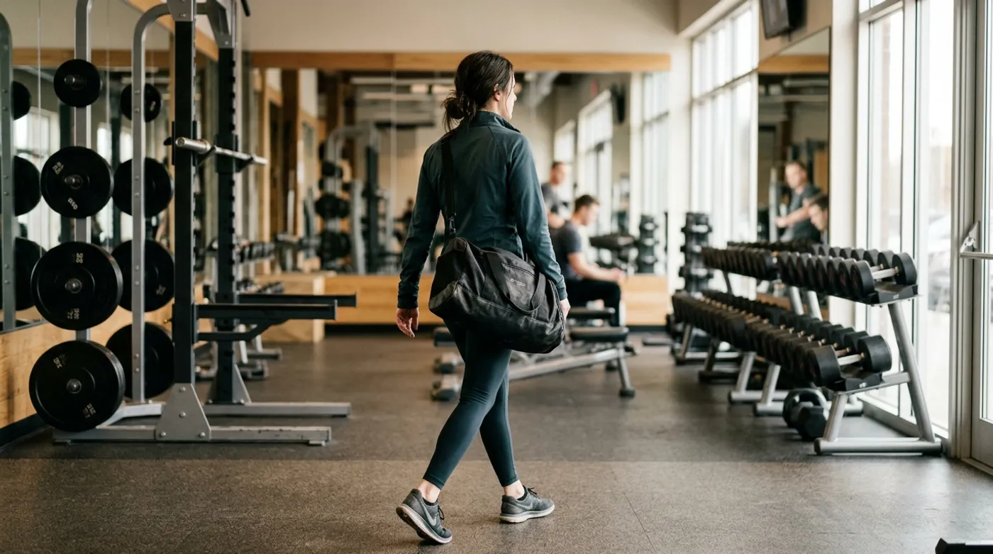 A woman with a duffel bag walking into a quiet commercial gym in soft morning light, racks and dumbbells in the background.