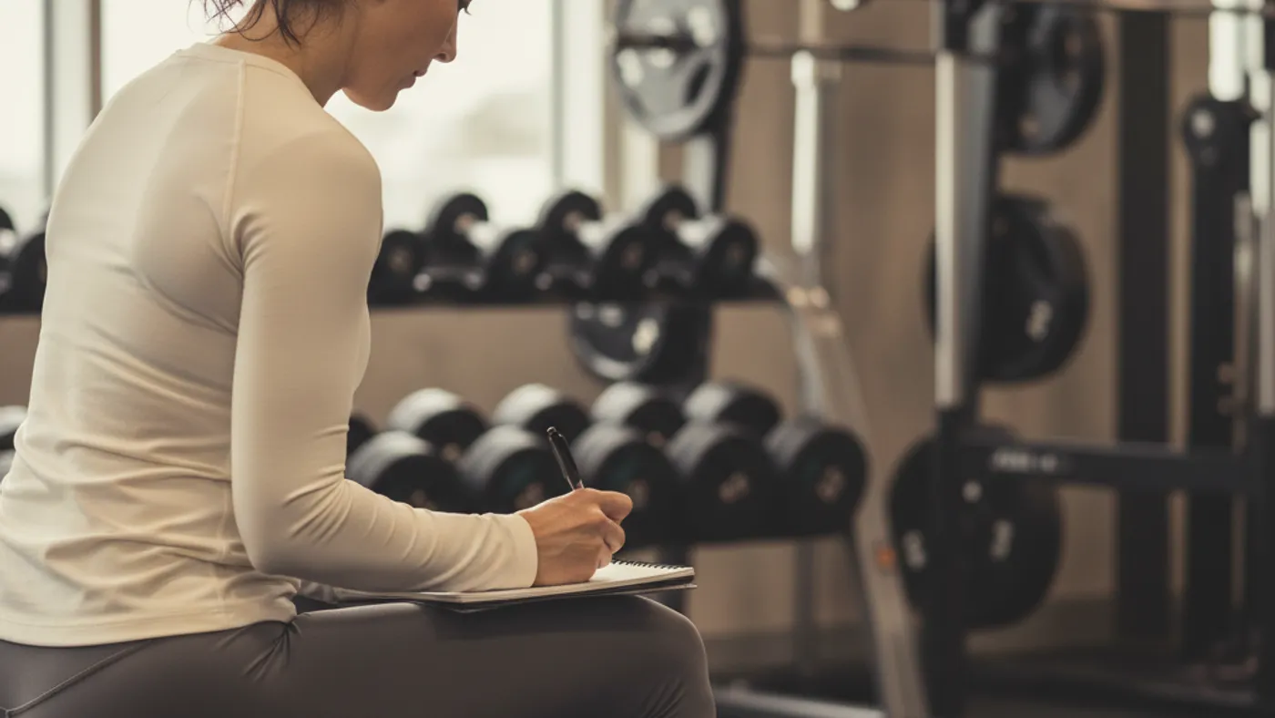 A lifter writing a training note on a bench between sets