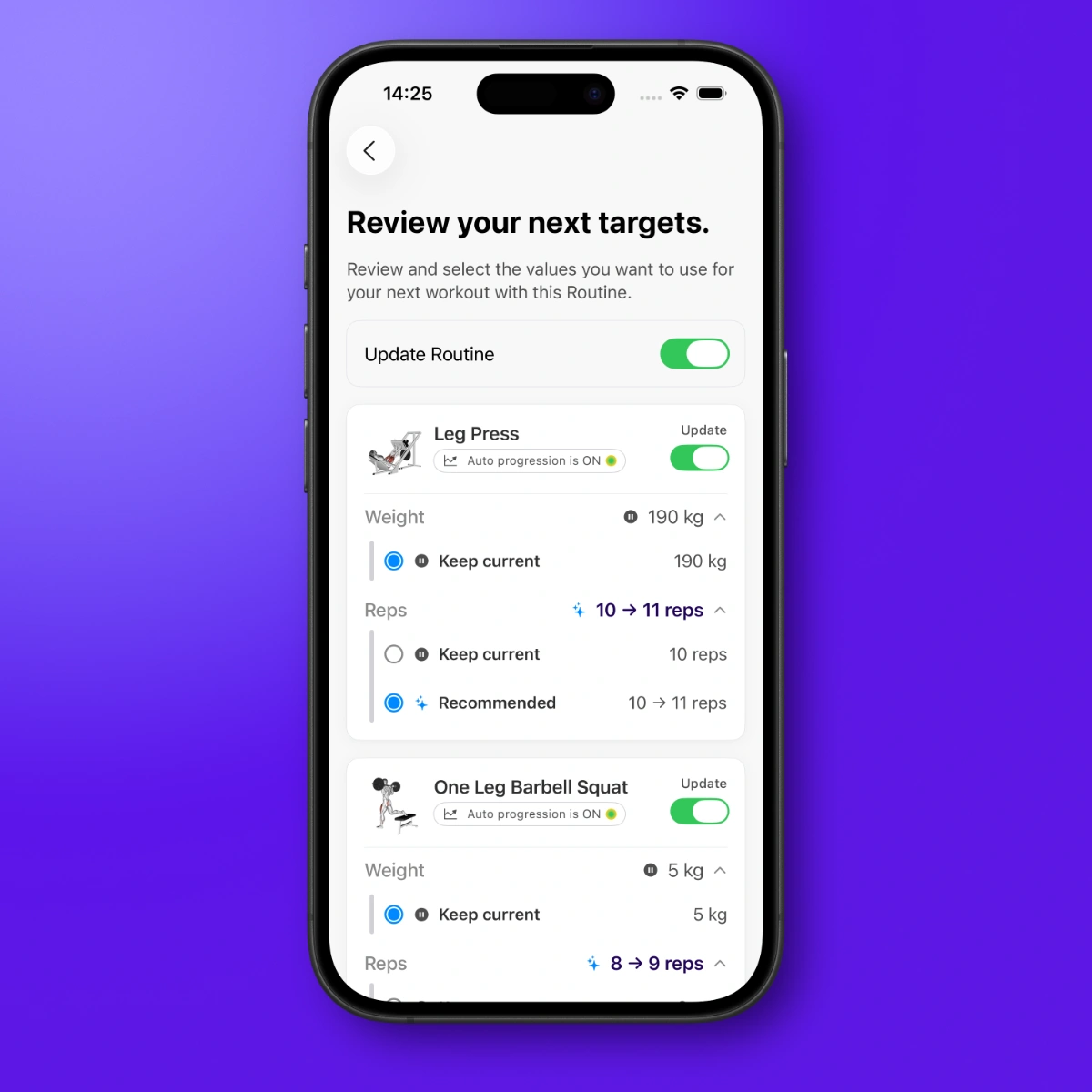 Steady Workout Review showing changes from a completed workout before they are applied to the routine