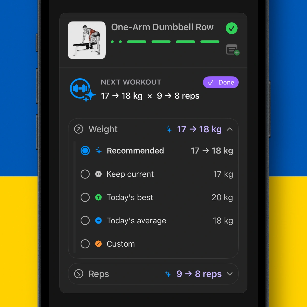 Steady progression review showing recommended, keep current, today's best, today's average, and custom target choices
