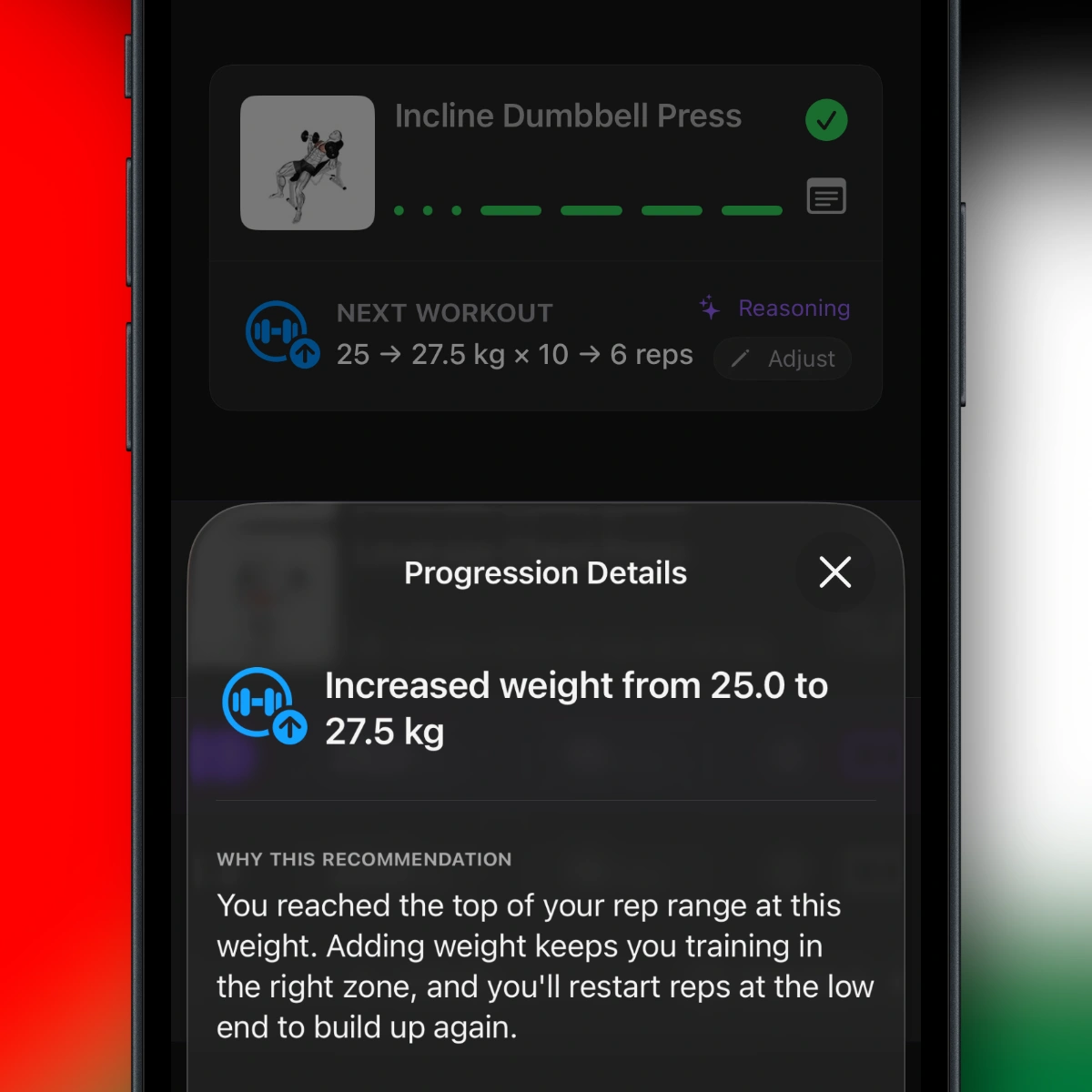 Steady progression reasoning showing a weight increase after reaching the top of a rep range
