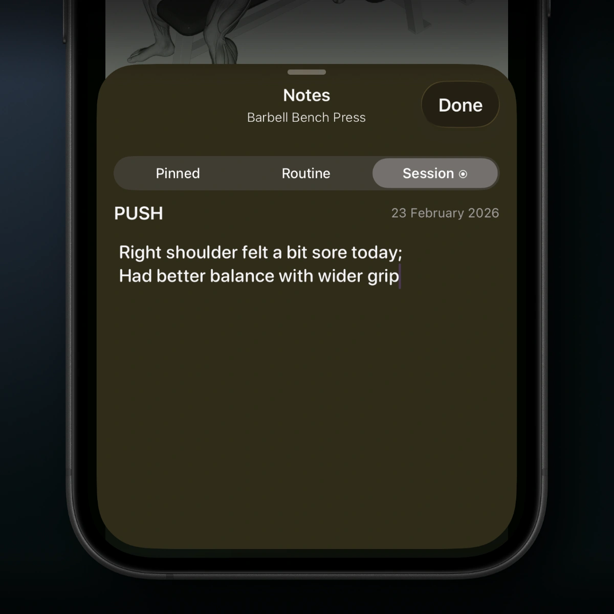 Steady exercise notes screen showing pinned, routine, and session note tabs