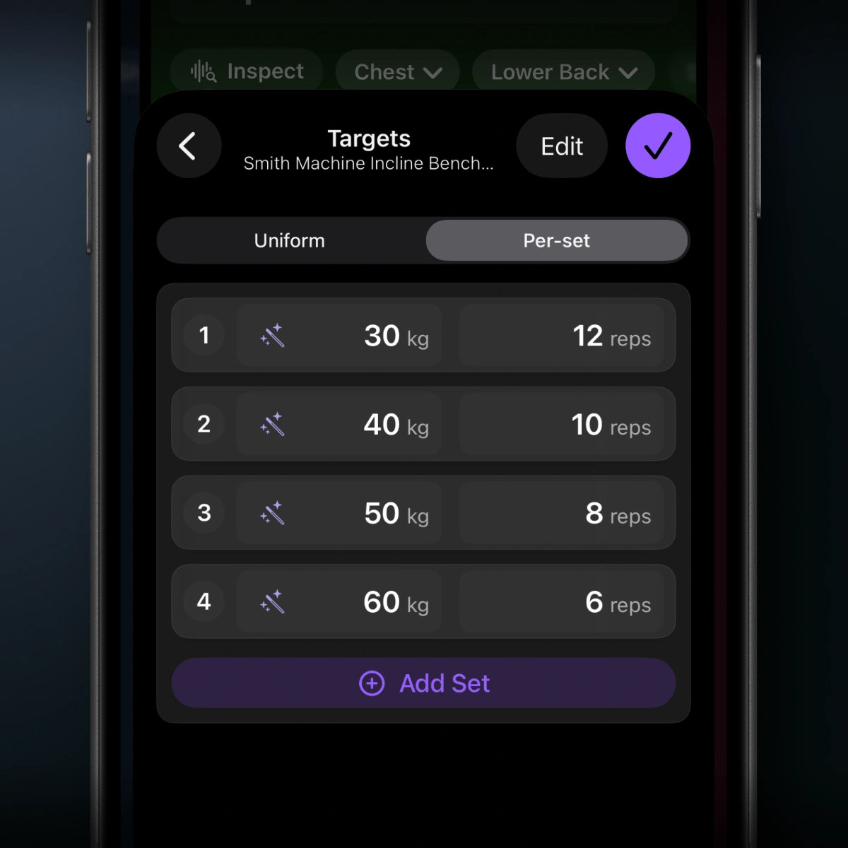 Steady per-set target screen showing different weights and reps for each set