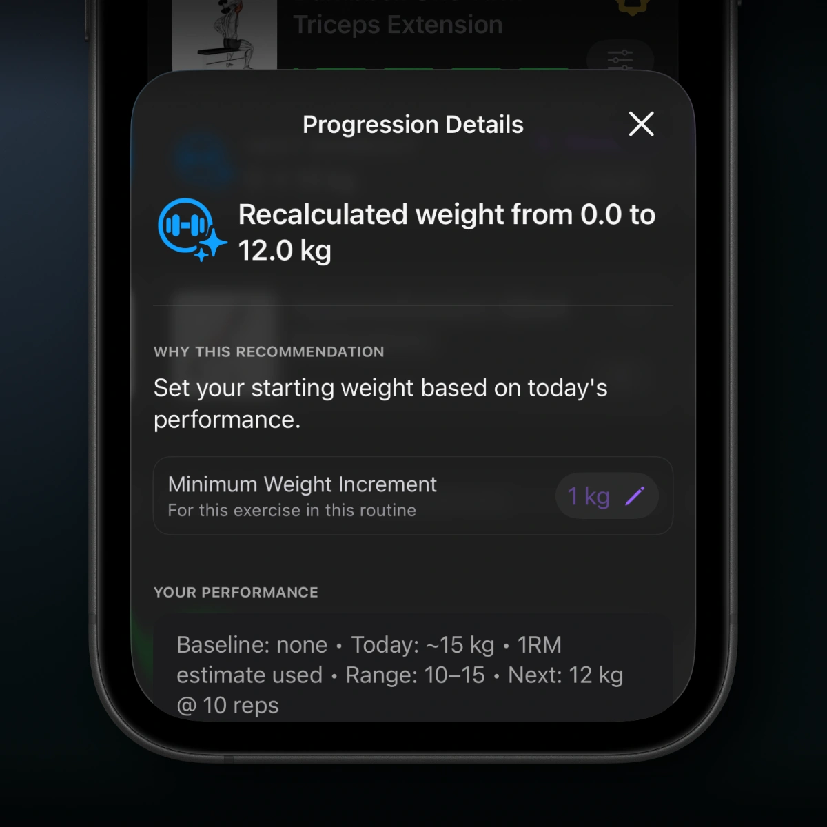 Steady progression details screen showing a recalculated weight recommendation