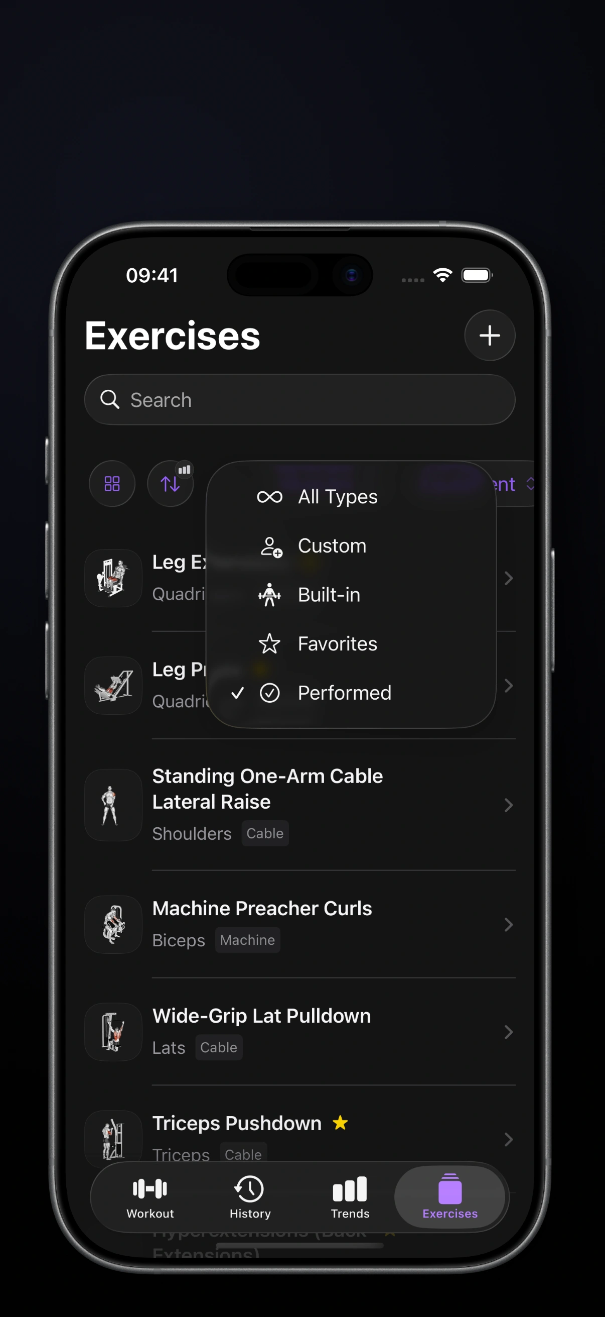 Performed filter in the exercise list showing previously logged exercises