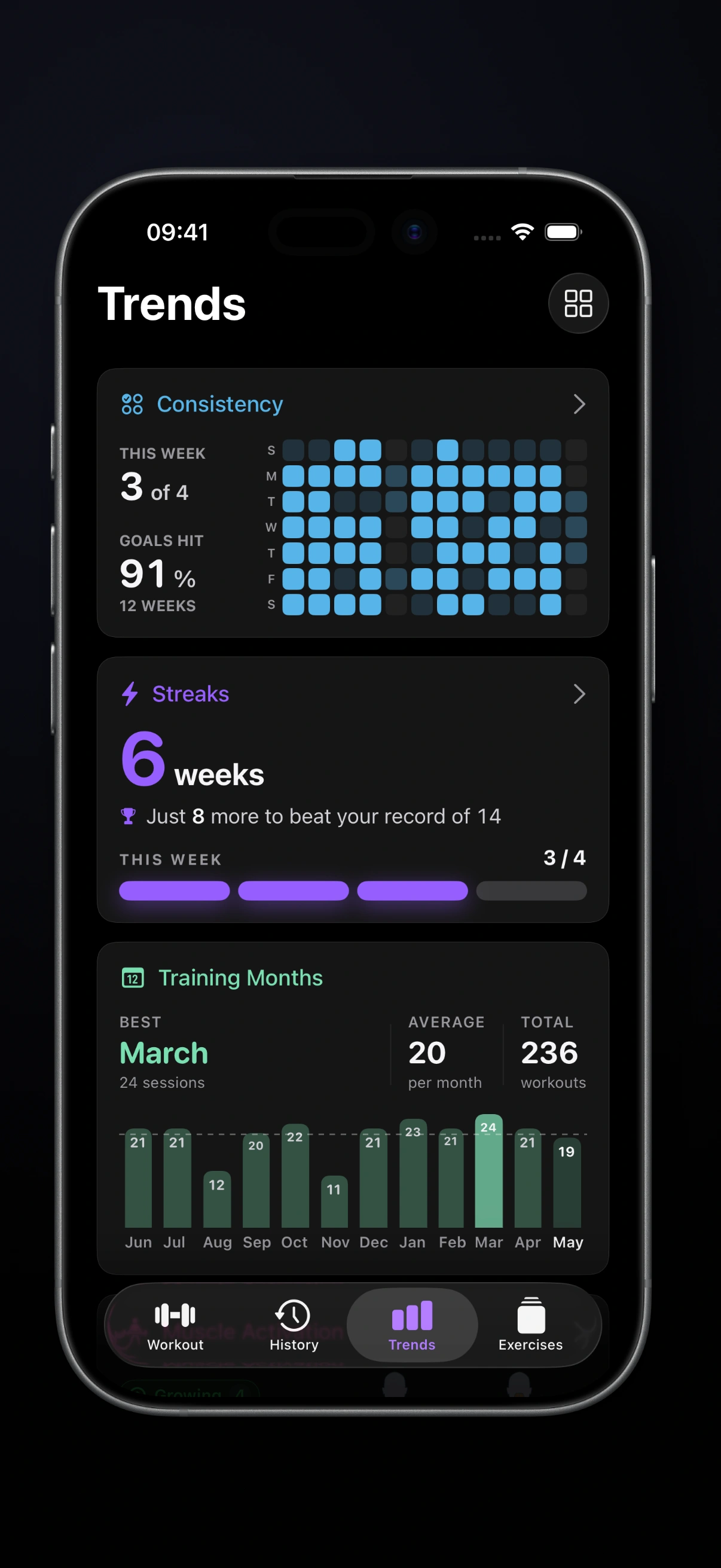 Consistency and streak widgets in the Steady Trends dashboard