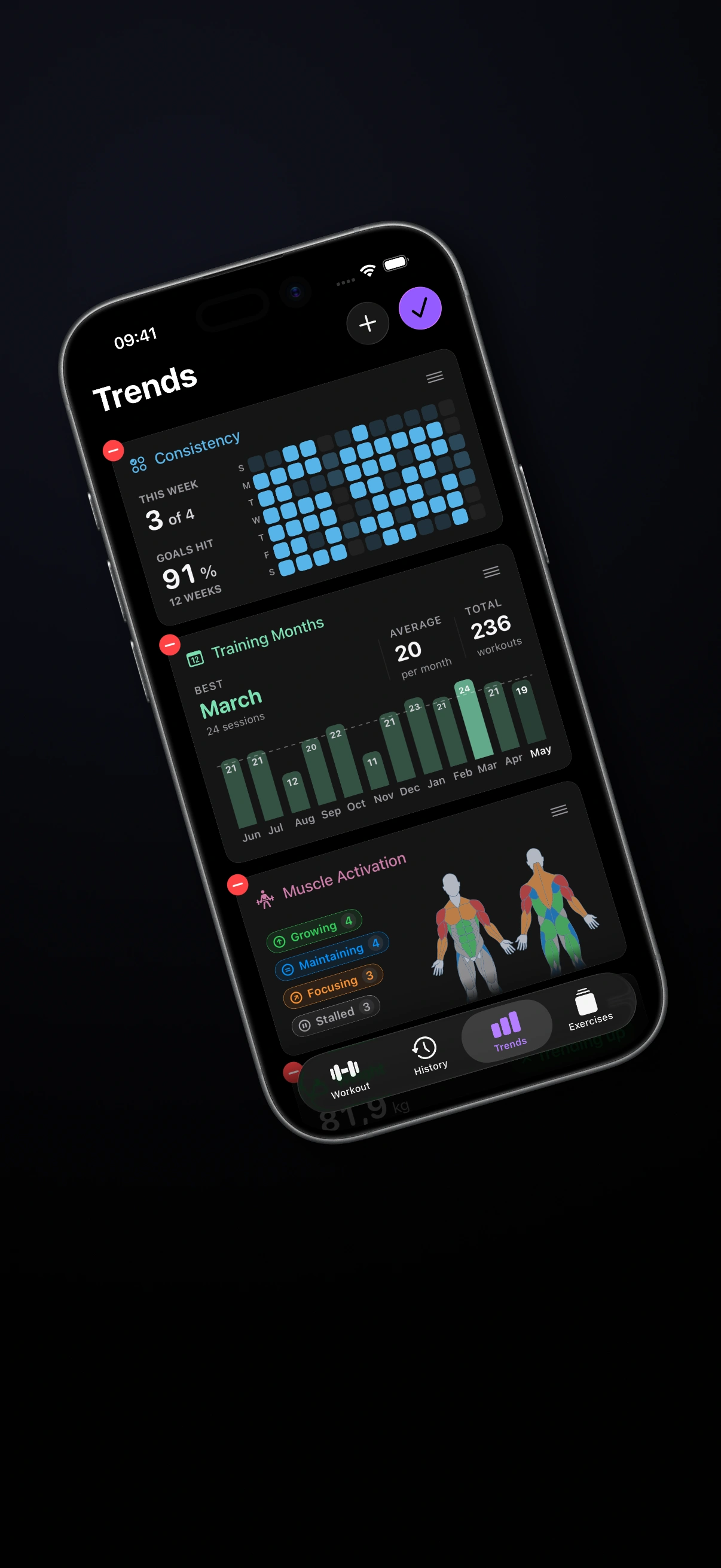 Customizable Trends dashboard in Steady 2.9 showing editable progress widgets