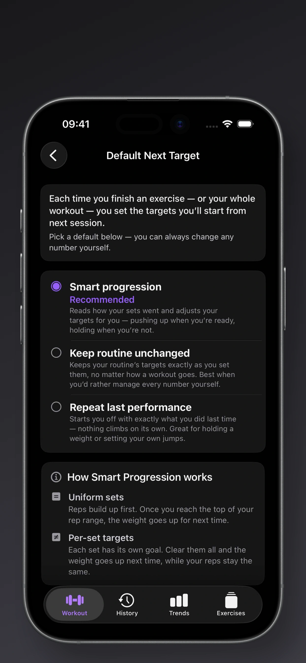 Default Next Target settings with Smart Progression, Keep routine unchanged, and Repeat last performance