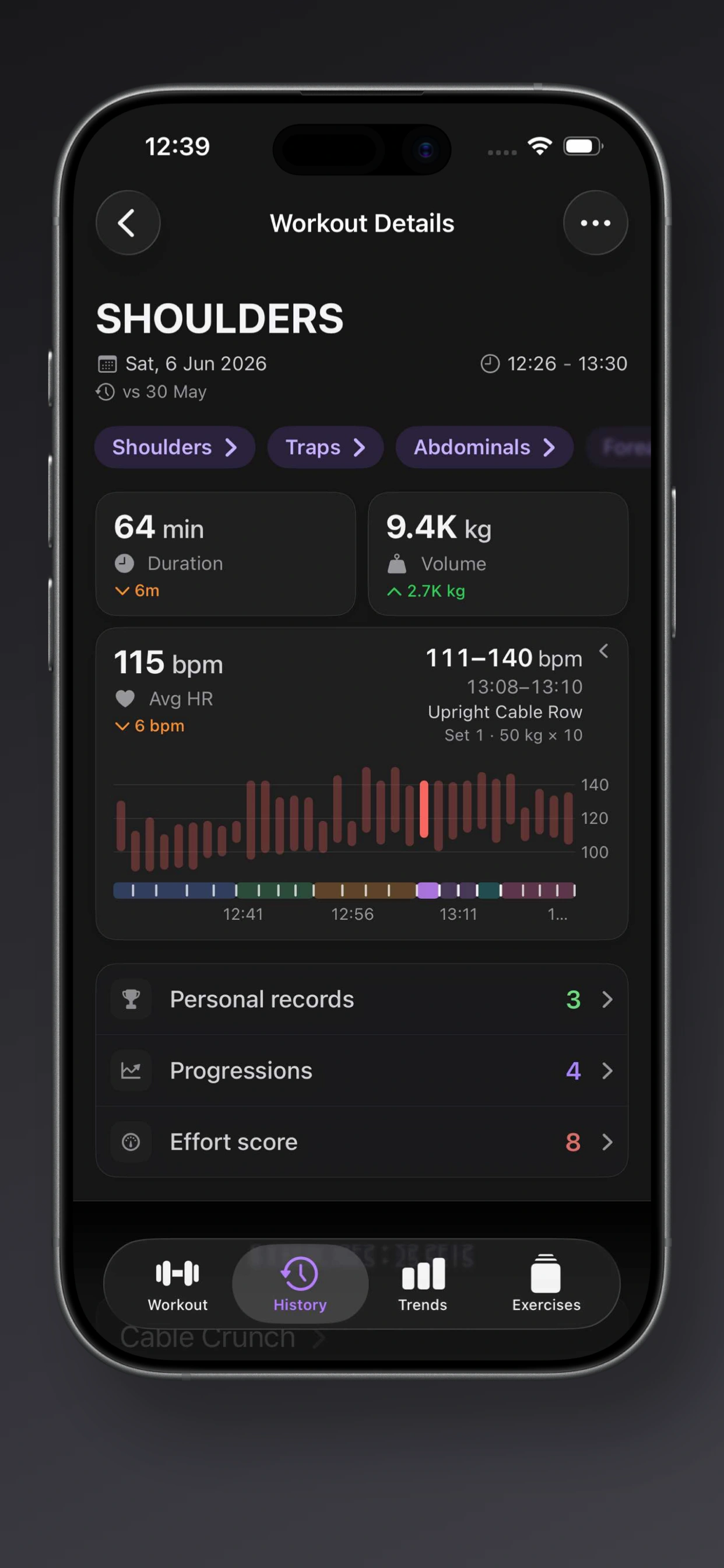 Workout details screen with heart-rate chart and exercise timeline