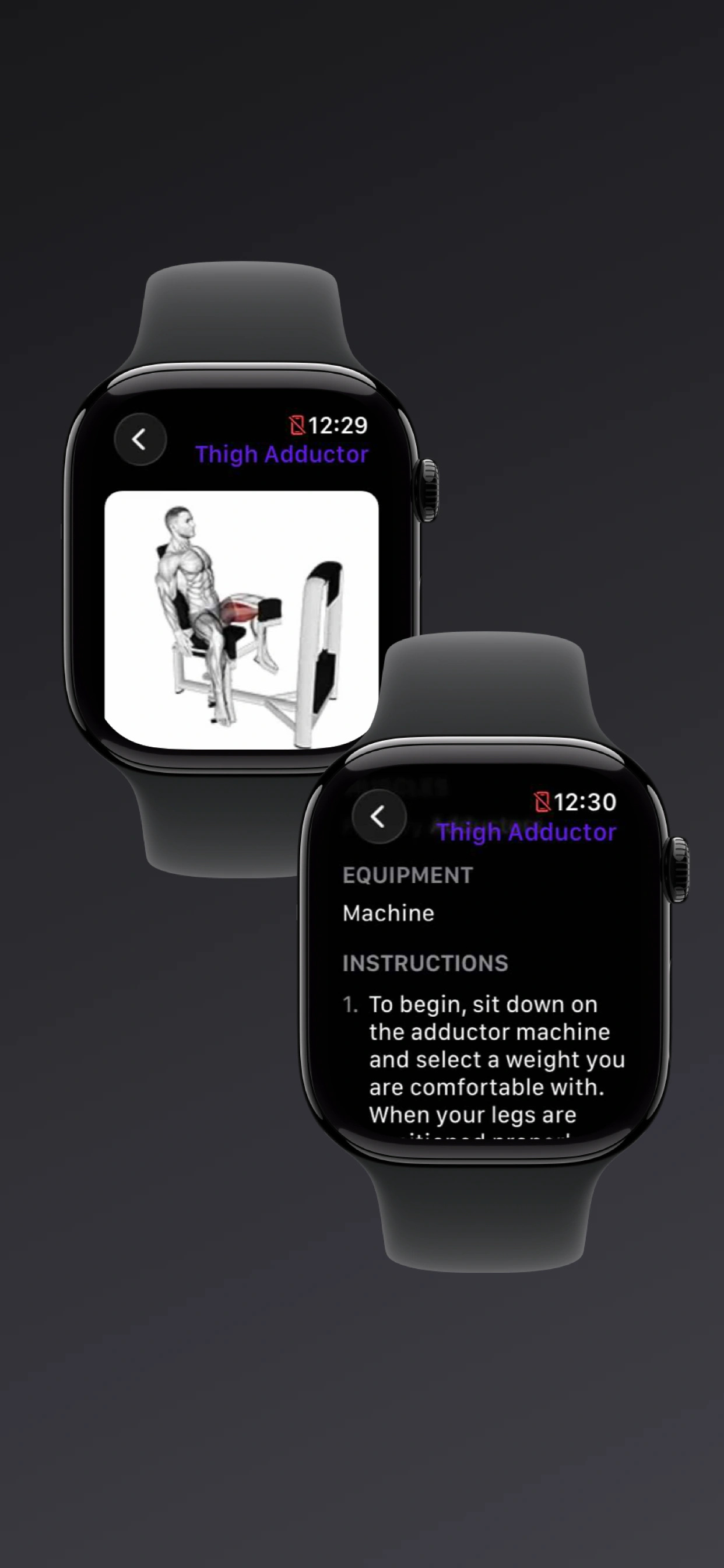 Apple Watch exercise details with muscles, equipment, and instructions