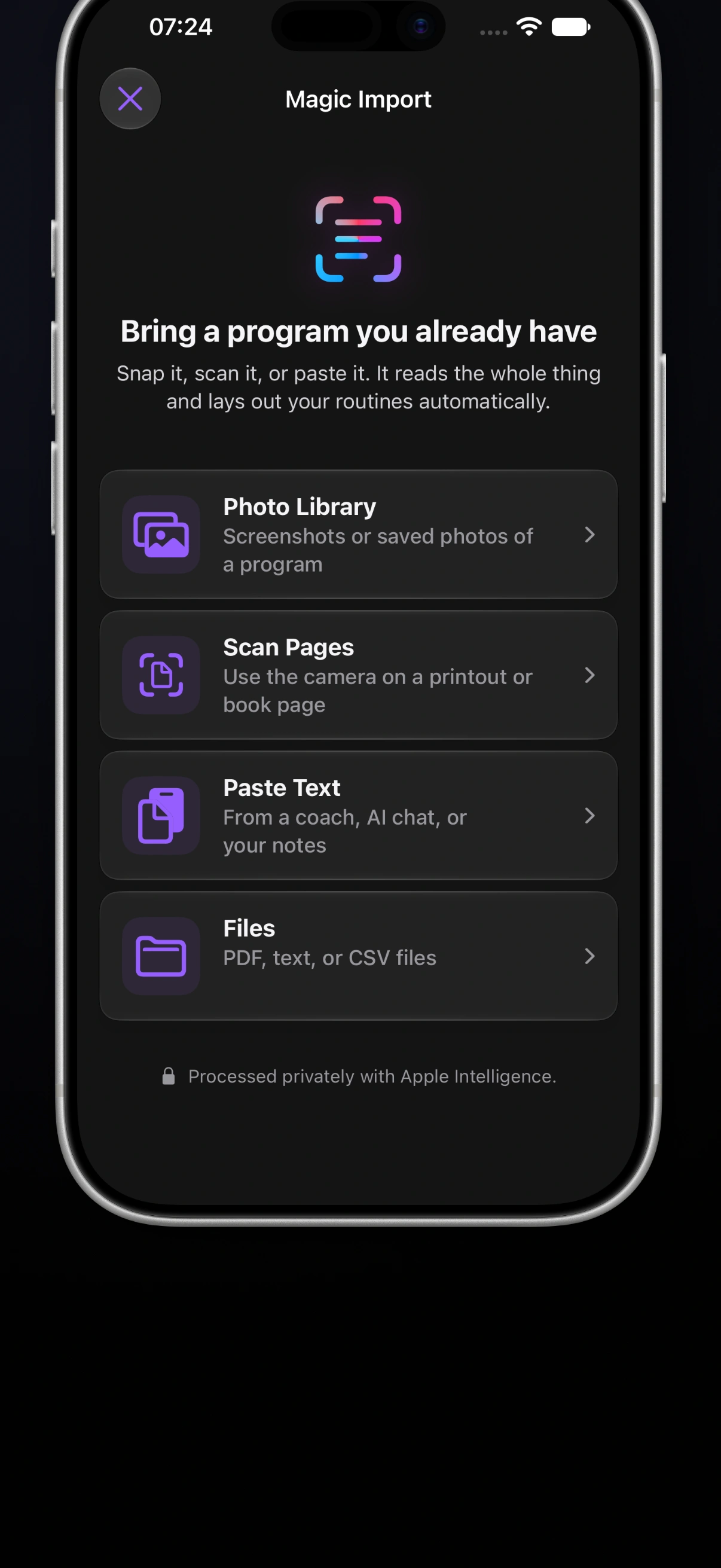Steady's Magic Import screen with options for Photo Library, Scan Pages, Paste Text, and Files