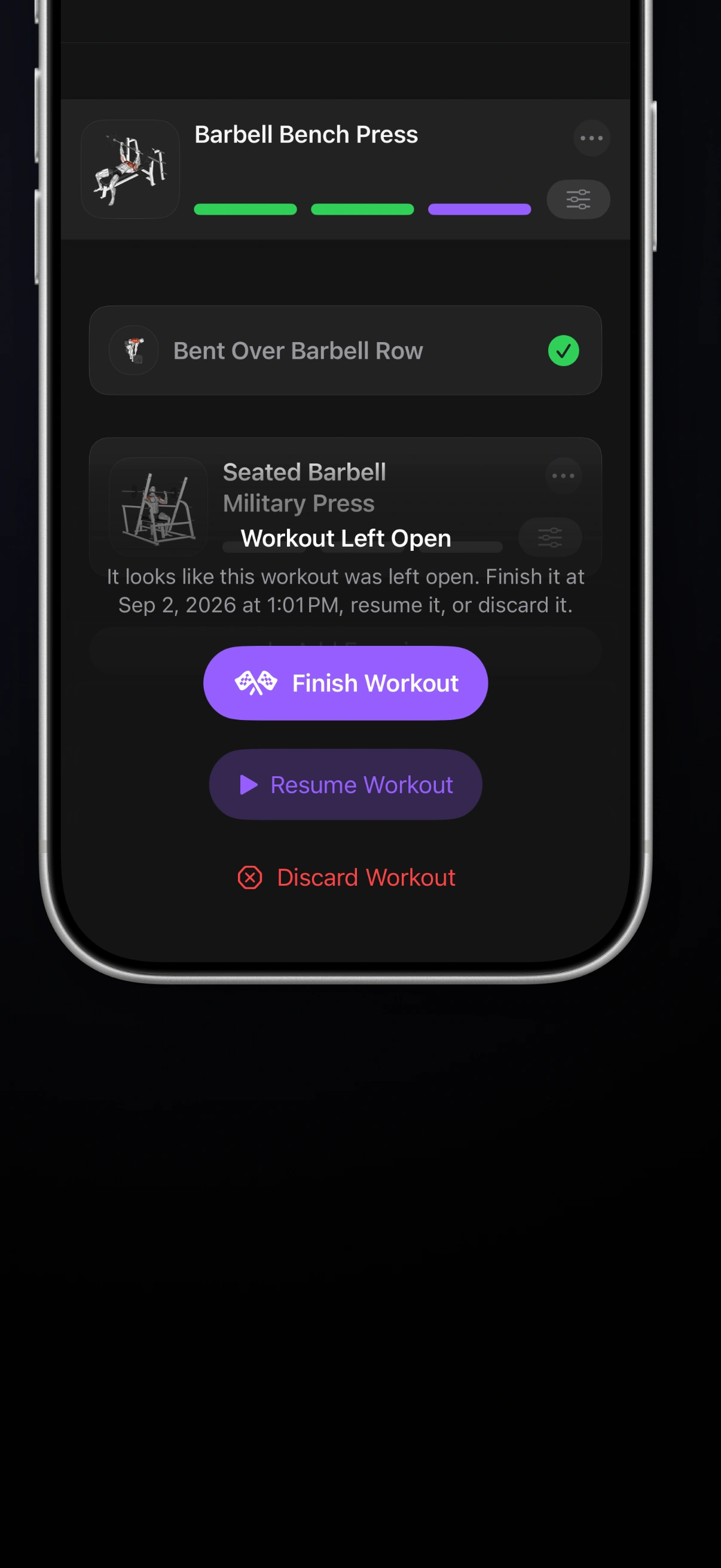 Steady's Workout Left Open panel with Finish Workout, Resume Workout, and Discard Workout actions
